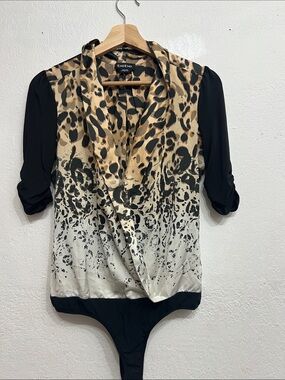 bebe Leopard-Print Draped Bodysuit Top in Black and Tan